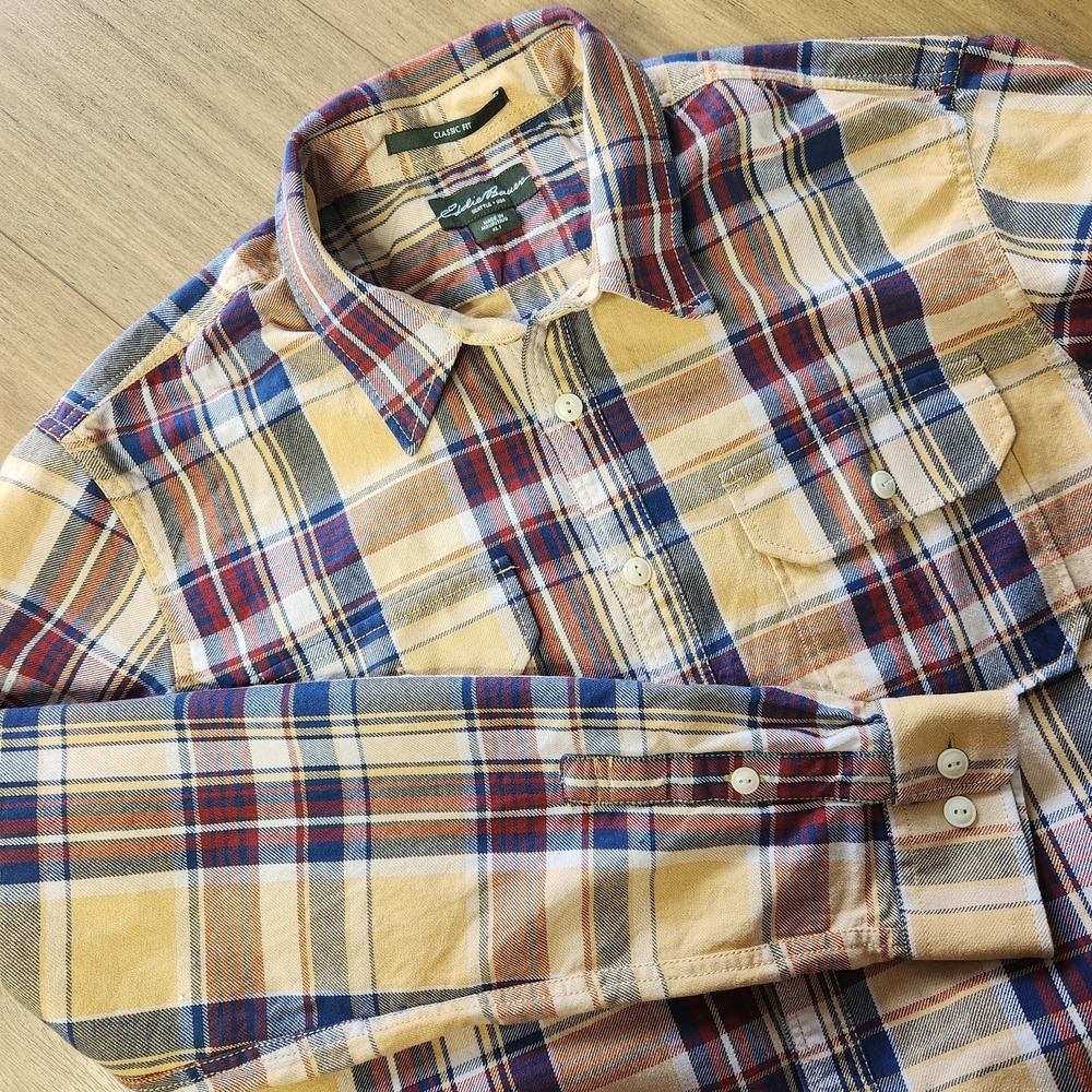 Eddie Bauer Mens XL-T Heavy Duty Utility Shirt Double Flap Pocket Plaid Classic